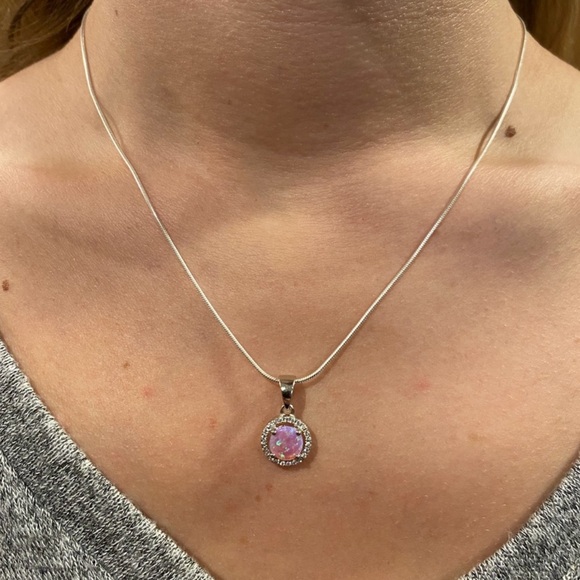 Halo Pink Fire Opal Cz & Clear Cz .925 Sterling Silver Earring & Necklace Set - Picture 17 of 17